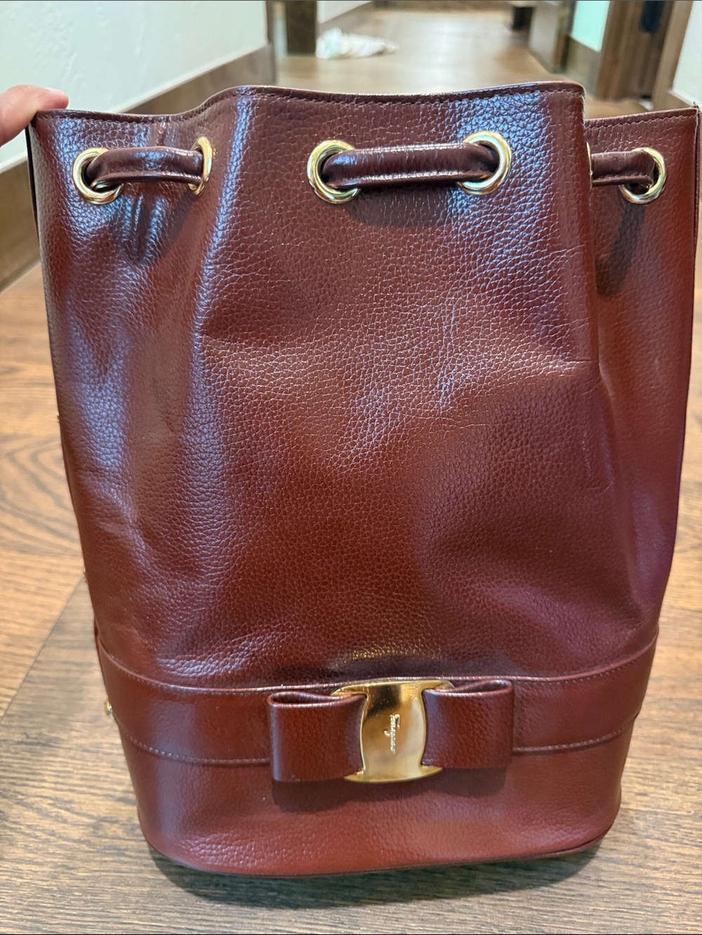 Salvatore Ferragamo Burgundy Pebbled Leather Drawstring Bucket Bag